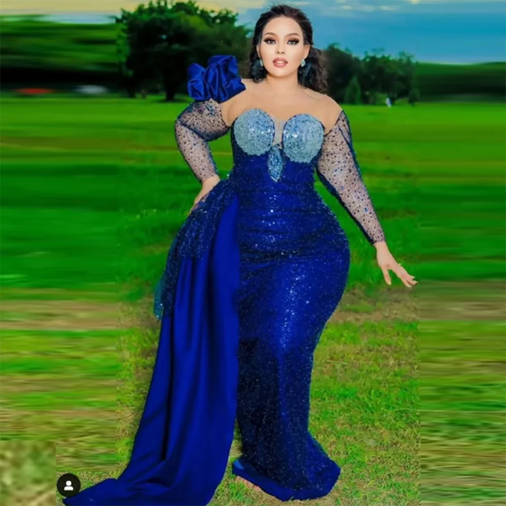 ネイビーブルー麻生エビマーメイドウエディングドレスシアーネックレース長袖プラスサイズのイブニングドレス女性フォーマルパーティードレス