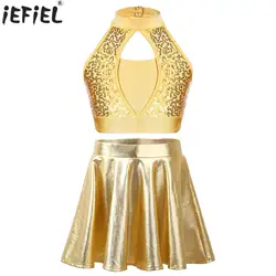 Kids Girls Figure Skating Dancewear Cheerleading Dance Performance Costume Hollow Sequin Crop Top Metallic Shiny Ruffled Skirts