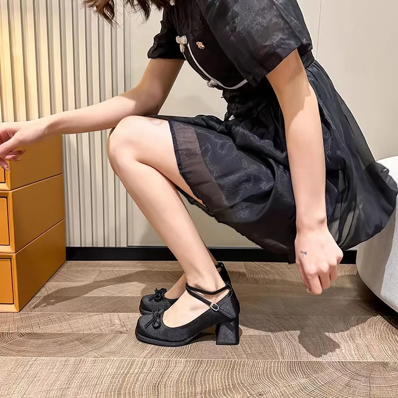 French bow thick heels Mary Jane high heels women 2024 new fairy wind small man a slip-on increase shallow mouth single shoes