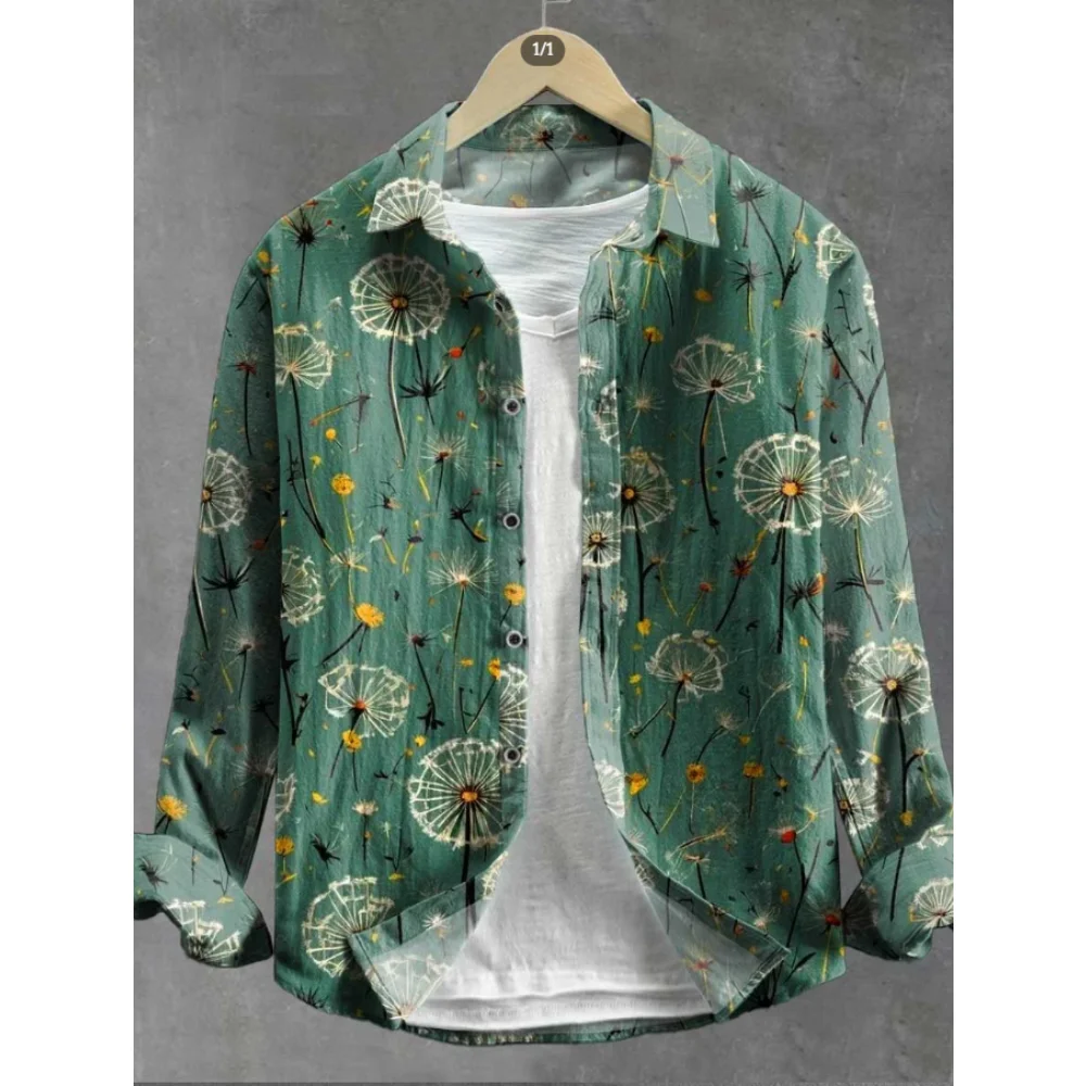 

Men's linen casual fashionable long sleeved shirt with unique floral pattern, Hawaiian vacation style, comfortable