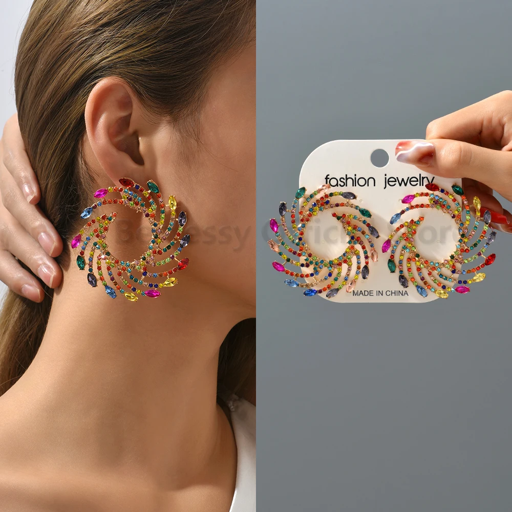 Colorful Series Shiny Rhinestone Big Stud Earrings For Women 2025 Trend Luxury Round Fashion Jewelry Girl Party Accessories Gift