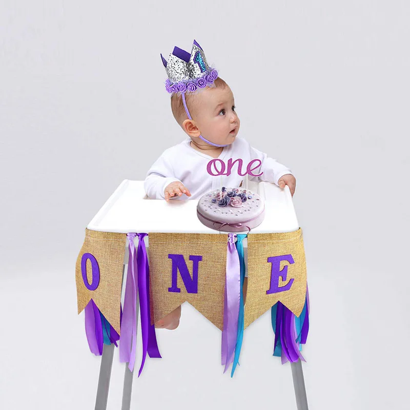 Baby Mermaid high chair banner 1st Birthday Party Supplies Highchair Tutu Skirt First Birthday One Cake Topper Baby Shower banne