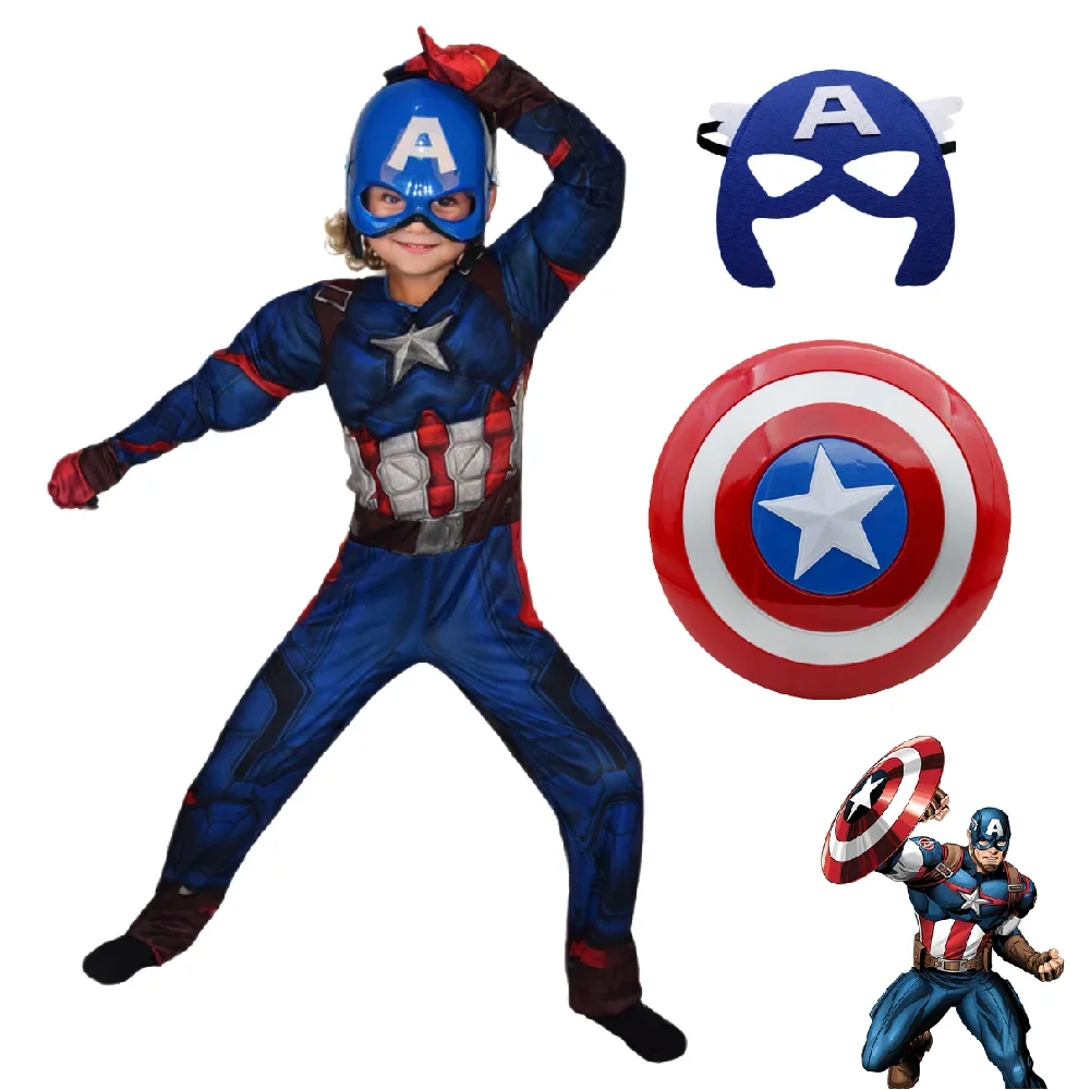 2025Disfraz de superhéroe de Anime para niños, mono musculoso de Capitán América con escudo y capa de máscara para Halloween, traje de Cosplay para carnavales
