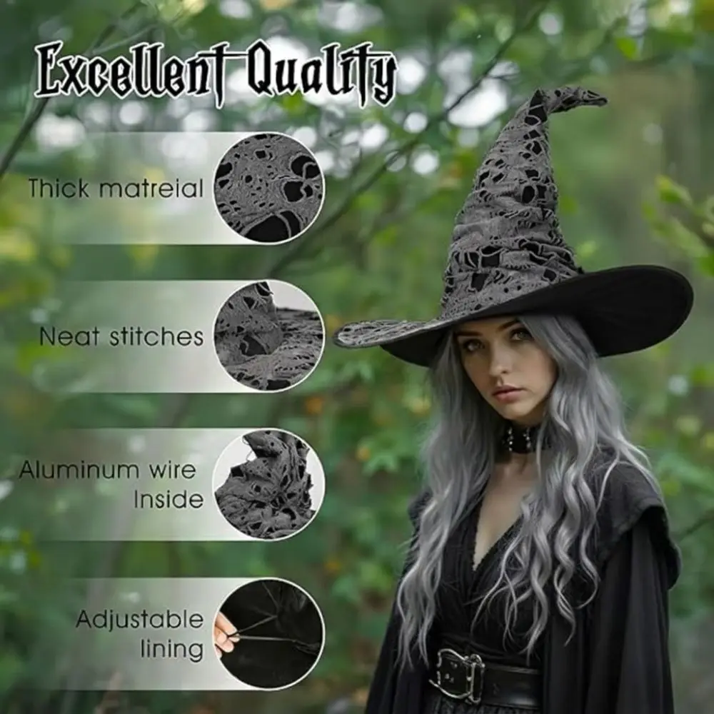 Large Wide Brim Ripped Tattered Witch Hat Tall Pointed Cone Top Gothic Cosplay Witch Cap Bendable Without Collapsing