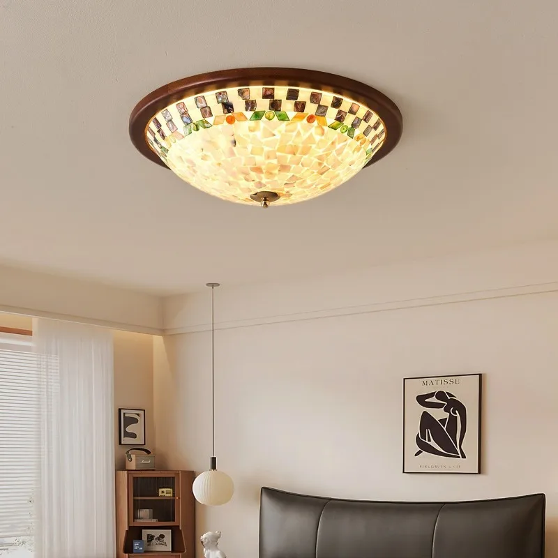 American Retro Shell Ceiling Lamp Bedroom Eye Protection Solid Wood Light Medieval Living Room Homestay Atmosphere Home Decorate
