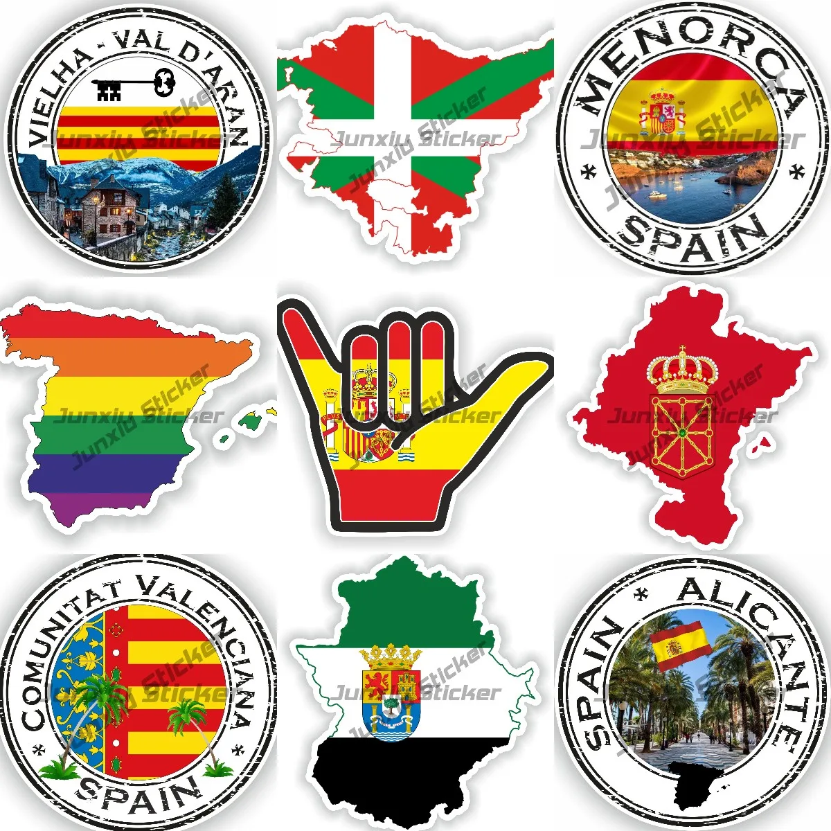 Spain Barcelona Menorca Madrid Seal Round Flag Sticker Spain Gay Rainbow Map Hand Peace Victory Waterproof Decals for Car SUV