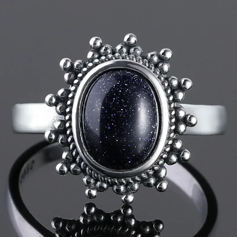 

Nasiya Vintage Ring New Classic Blue Sandstone Gemstone Goose Stone Ring 7x9mm Europe Retro Thai Silver Exaggerated