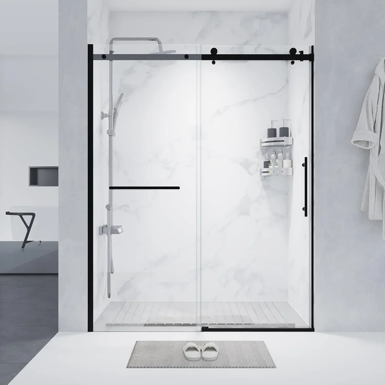 

60-60.8" W x 76" H Double Sliding Shower Door, 1/4"(6mm) Tempered Glass with Explosion-Proof Film and Nano Coating, Matte Black