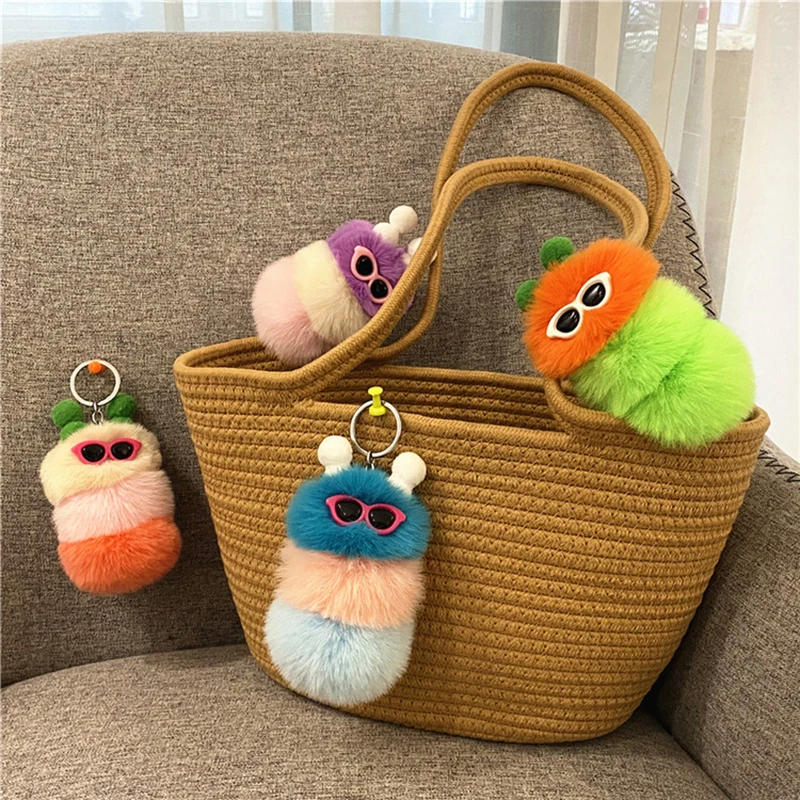 Cute Cartoon Plush Caterpillars Keychain Bag Ornaments Keyring Car Trinket Key Holder Easter Halloween Christmas Party Gift