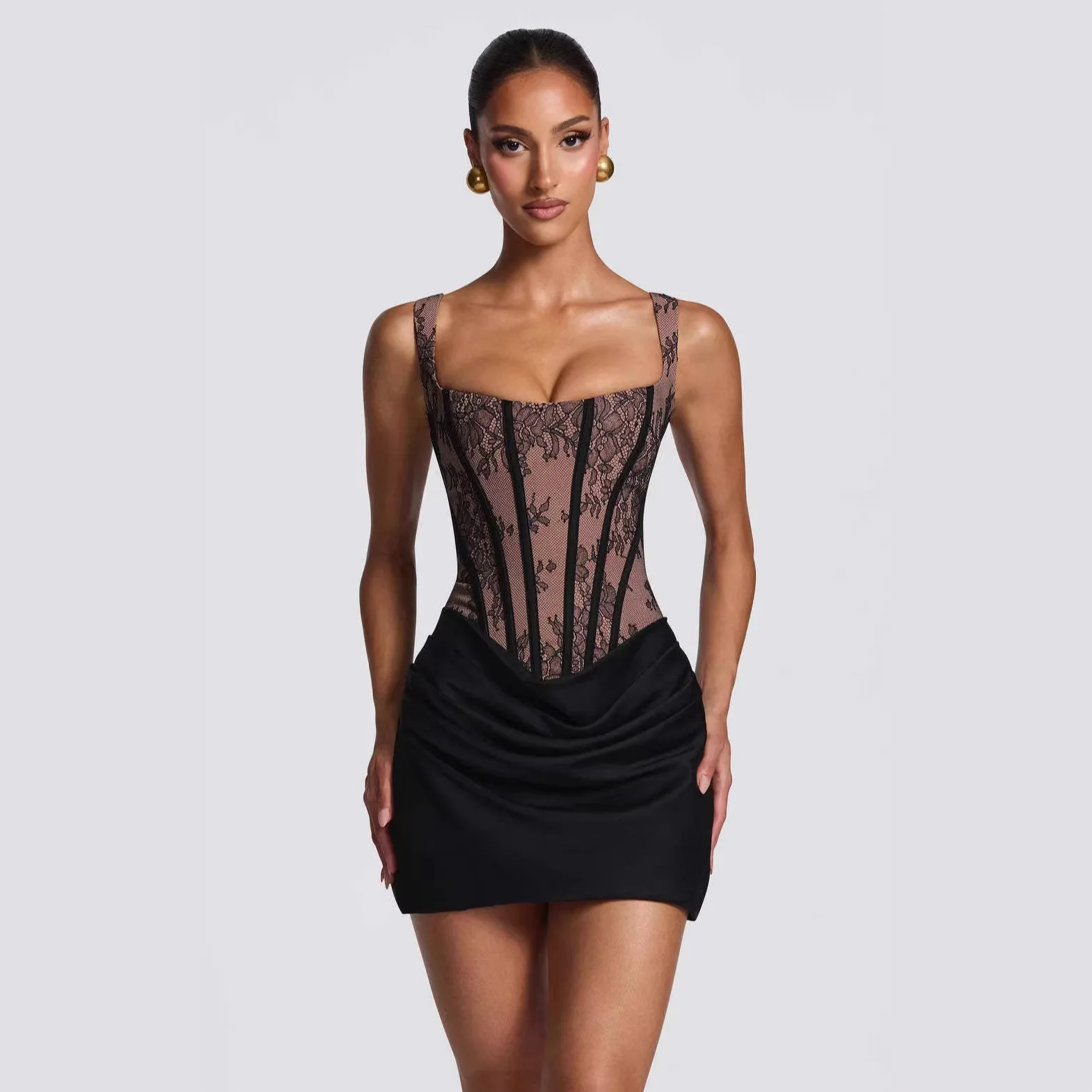 

Sexy Lace Patchwork Pleated Strap Mini Dress Floral Pattern Sleeveless Backless High Waist Slim Dresses 2026 Summer New Robes