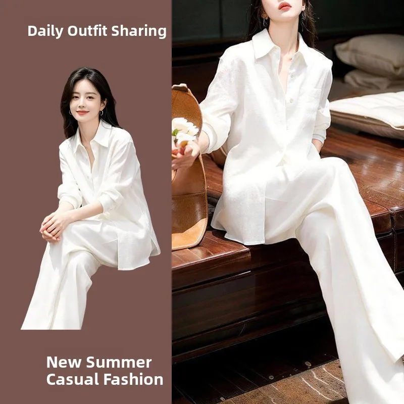High-End Cotton Linen Women's Casual Shirt Summer Fashion Retro Loose Sun Protection Relaxing Style Two-Piece Set
