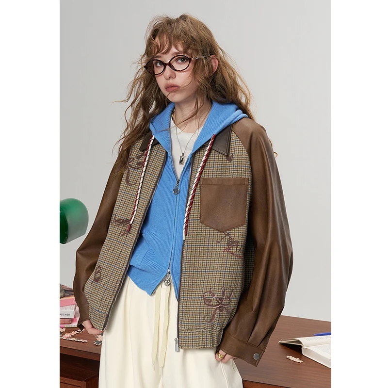 ELFSACK Women's Vintage Jacket with Gingham Patchwork, Loose Short Graphic Coat, Casual Outerwear for Daily Wear