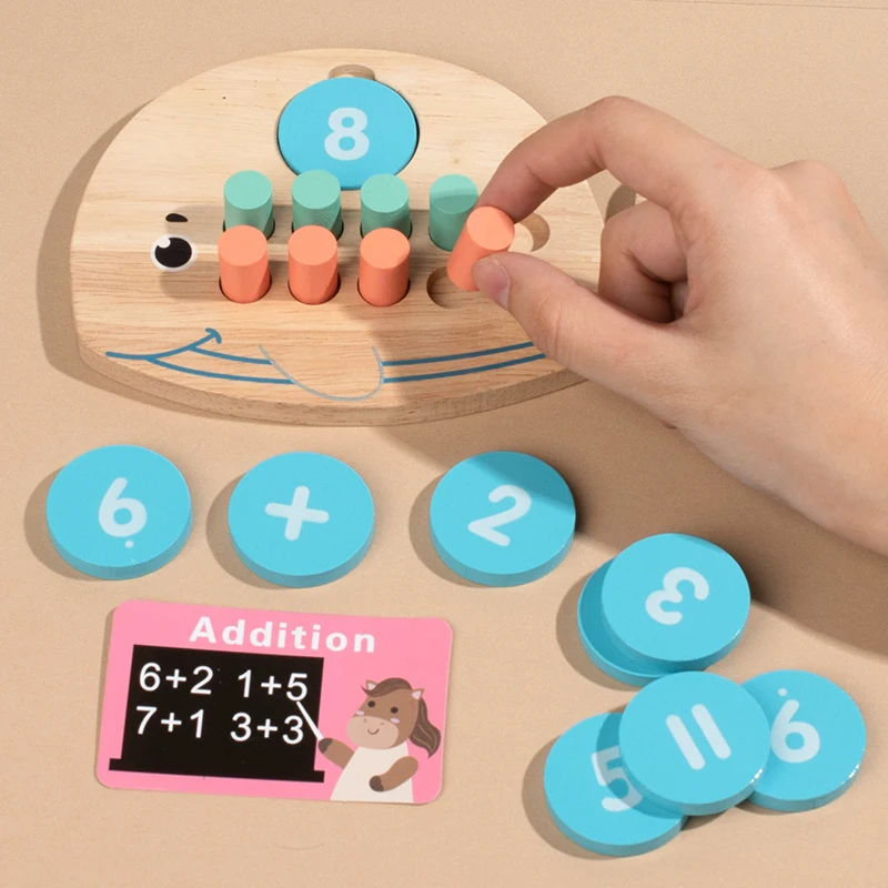 Tablero de números de madera para niños, contador de diez dígitos en forma de ballena, juego de correspondencia cognitiva, operación de resta y suma, juguetes de matemáticas