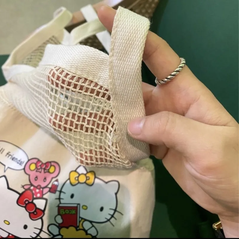 Bolso de lona de Hello Kitty para niñas, bolsa de red de vacaciones de verano, Linda bolsa tejida de gran capacidad, mochila cruzada de viaje