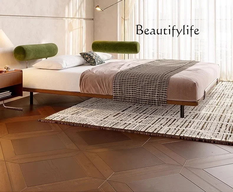 A Medieval Style Small Apartment Solid Wood Bed Mobile Pillow Flush Edge Double Bed Minimalist Second Bedroom Tatami Bed