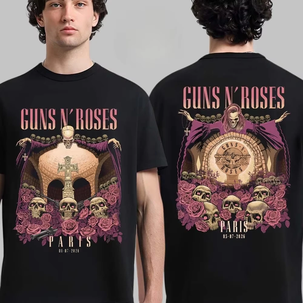 2026 Guns N Roses Paris Tour Skeleton Graphics Shirt Men's 100%Cotton Y2k Rock Retro Hip Hop Women's Oversize Breathable Tshirt