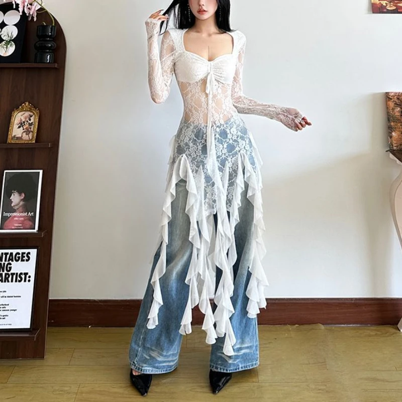 Sexy spice girl T-shirt gauze lace perspective ruffled tassel top 2025 spring and summer fashion street style women's clothing