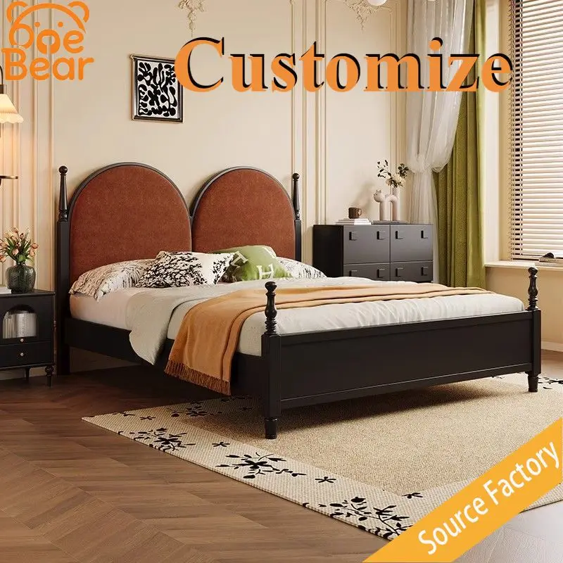 Any Size Custom Mid Century Rubber Wood Bed Double Arched Upholstered Headboard Sturdy Durable Vintage Classic Bedroom Furniture