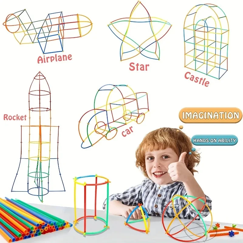 Creative Straw STEM Building Toys 100Pcs Interlocking Plastic Thin Tube Building Blocks Educational Toys for Children Boys Girls