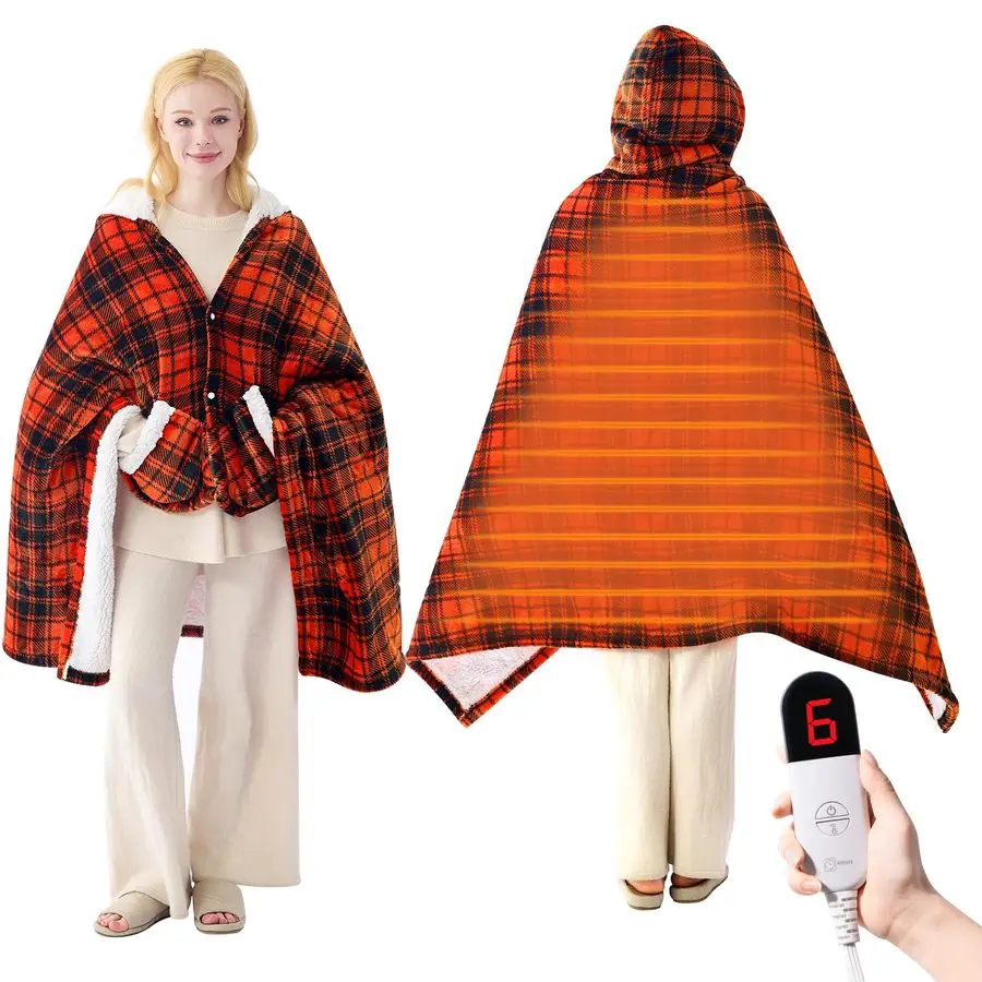 

Blanket Wearable Heated Shawl with Hood amp Pockets 6 Heat Settings, 4H AutoOff, Flannel amp Sherpa Reversible, Cozy Plaid Heate