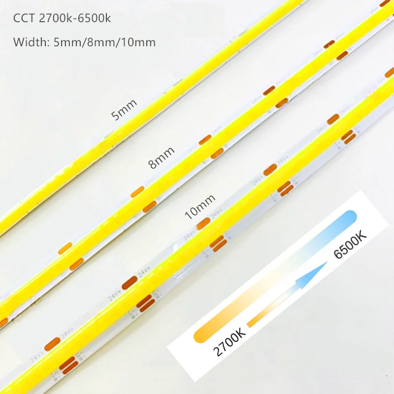 12V 24V DC CCT COB LED Strip Light 2700K to 6500K Color-Changing LED Tape Linear Double Color RA90 Dimmable Ribbon 5mm 8mm Width