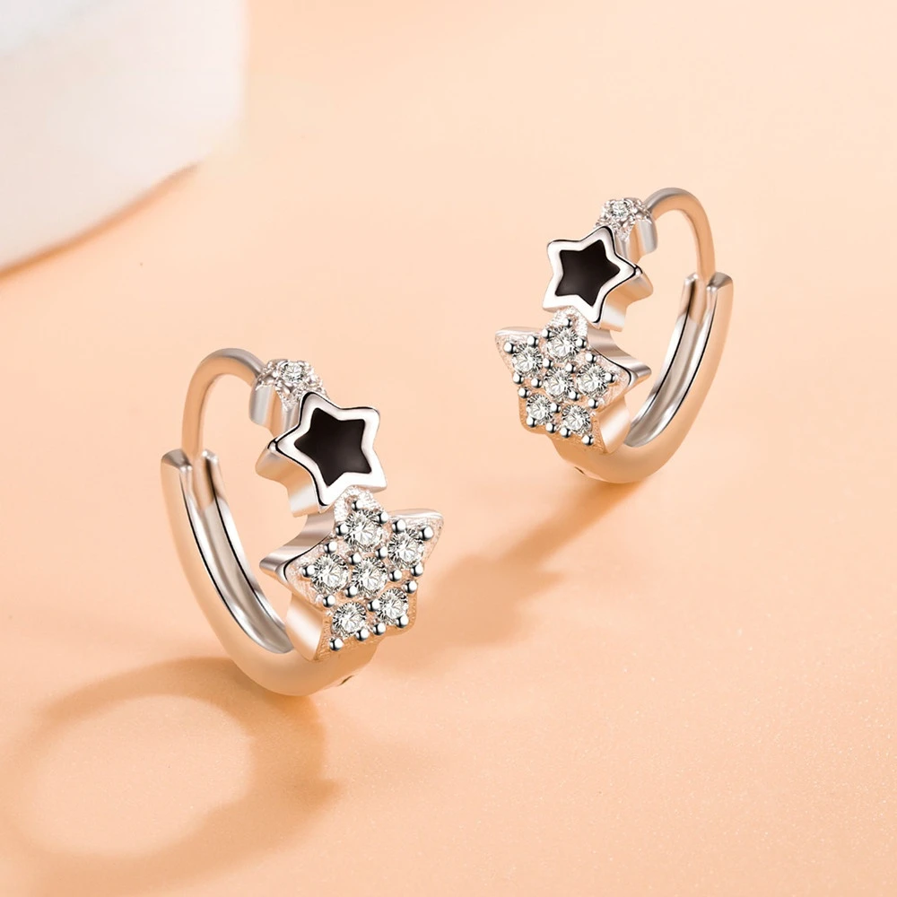 925 Sterling Silver New Woman Fashion Jewelry High Quality Crystal Zircon Simple Epoxy Black Five-pointed Star Earrings