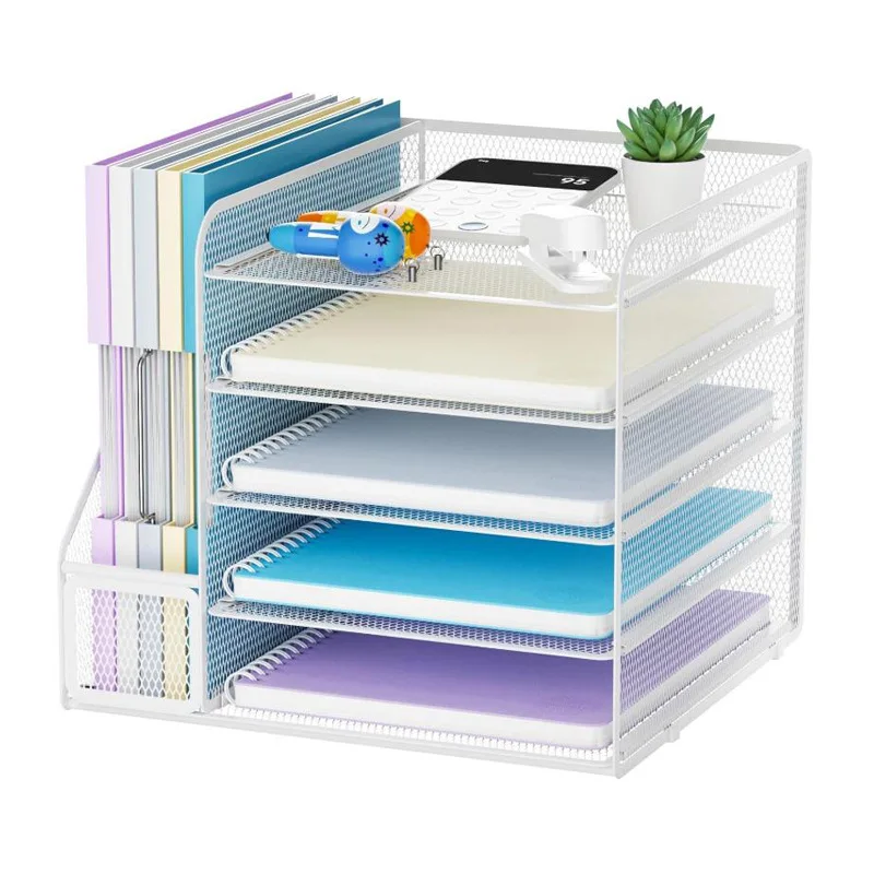 Detachable Metal Desk File Organizer, 4 Tier Vertical File Rack with Pen Holders and Drawer Options, A4 Book Stand Storage