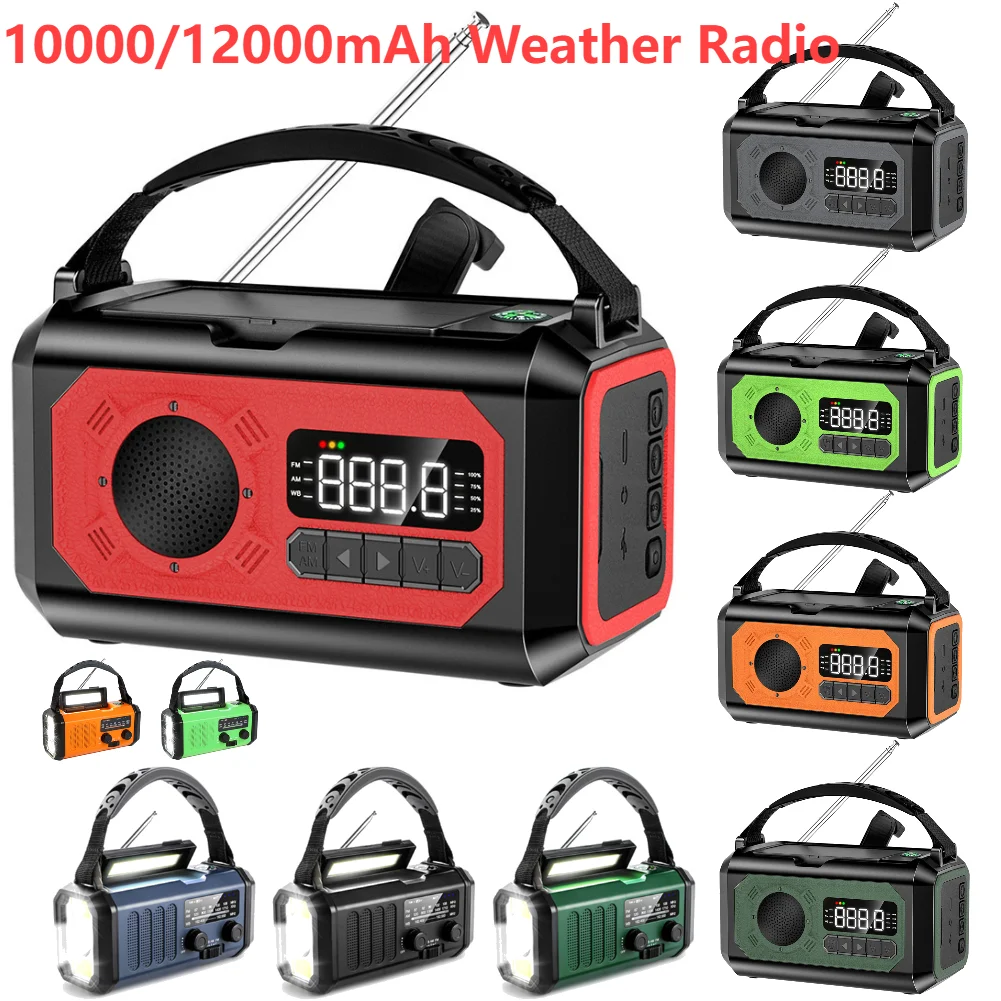 10000-12000mAh Weather Radio with Solar Panel Hand Crank Portable Emergency Radio Flashlight Reading Lamp Power Bank SOS Alarm