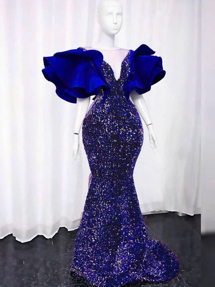 

Glitter Sequins Mermaid Evening Gowns Elegant 2023 Ruffles Puffy Sleeves Sheer Neck Women South Africa Prom Dress Robe De Soirée