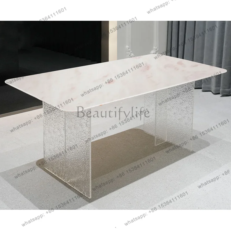 Pink diamond luxury stone dining table, villa rose rainbow natural marble long dining table