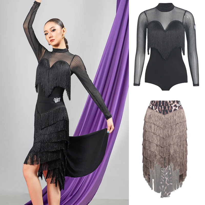 

Одежда для латинских танцев чача для взрослых, женский костюм для латинских танцев румба с бахромой, черный боди для латинских танцев, юбки с кисточками, SL14392