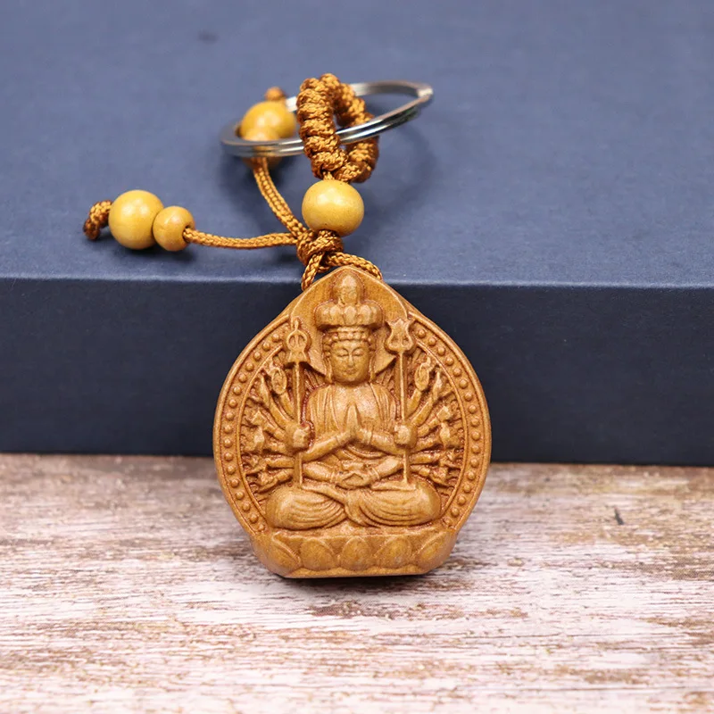 Religion Natural Wood Three-dimensional Engraving Buddha Keychain For Girls Men Fashion Women Jewelry Lucky Key Ring Chains New