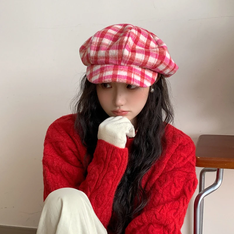 Ins New Fashion Color Matching Plaid Wool Berets Cap for Women Show Face Small Winter Casual Warmth Versatile Retro Newsboy Hat