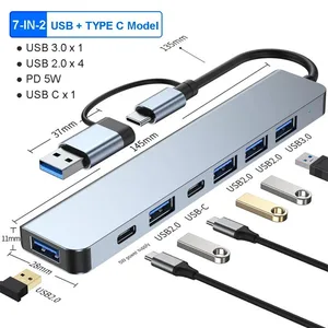 USB C Hub USB Hub 3.0, Aluminum 7 in 1 USB Extender, USB Splitter with 1 X USB 3.0, 4 X USB 2.0 and 2 X USB C Ports