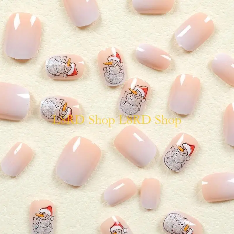 L8RD Christmas Press On Nails Snowman False Nails Winter Full Cover on Nails White Gradient False Nails for Woman