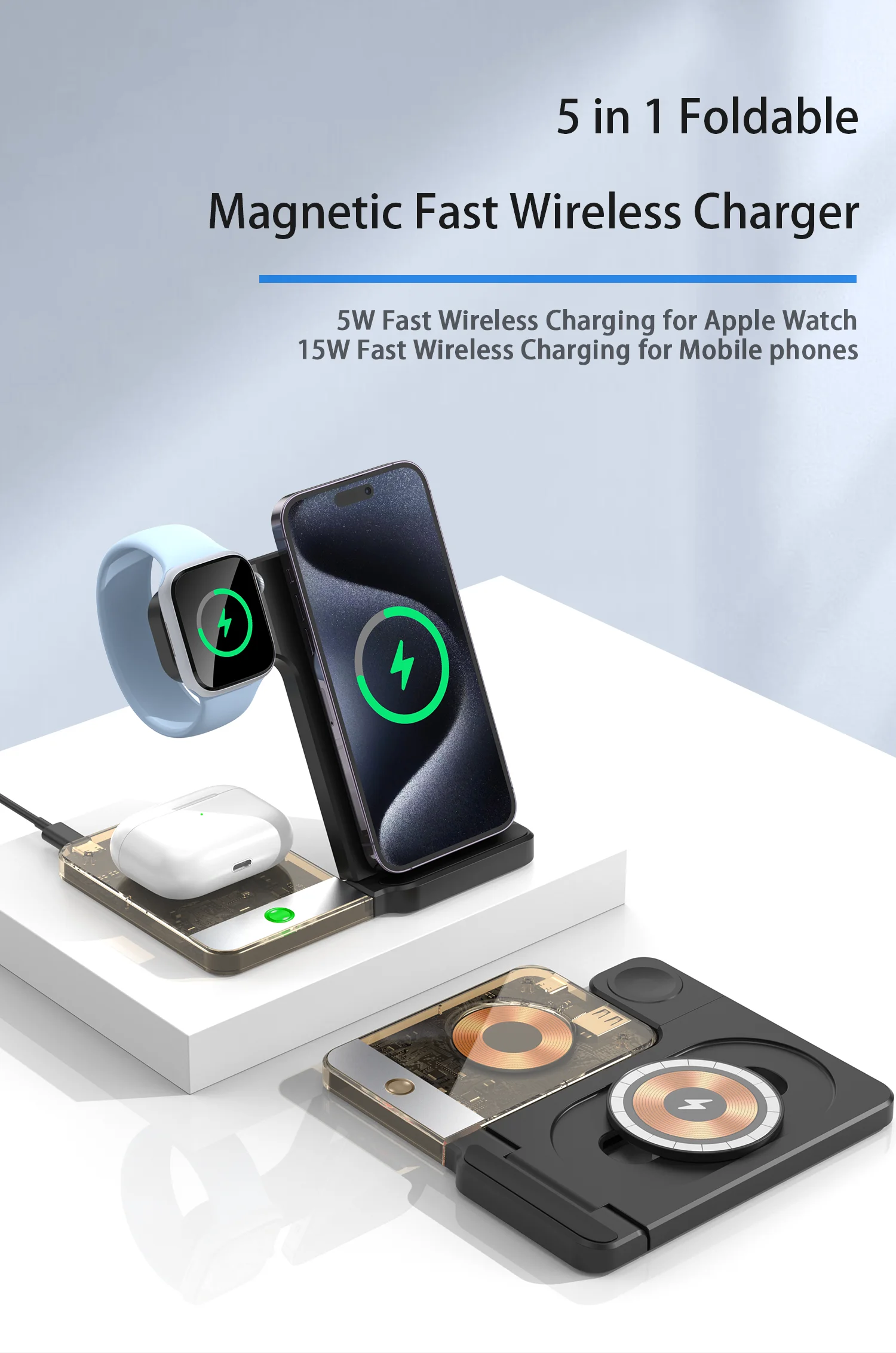 Magnetic Wireless Charger 5 in 1 Foldable for iPhone 15-12 Airpods Pro Series 1-9/SE 1-2/Ultra with Night Light