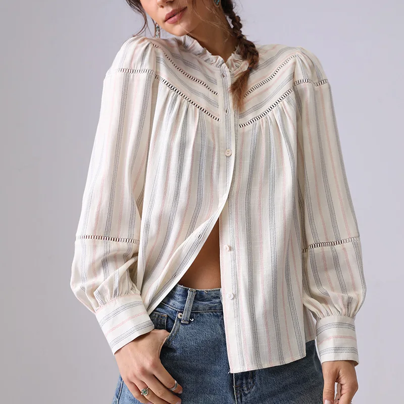 

French Style Striped Boho Blouse Shirt Women Spring Summer Beige Chic Long Sleeve Button Hollow Out Casual Ladies Tops New