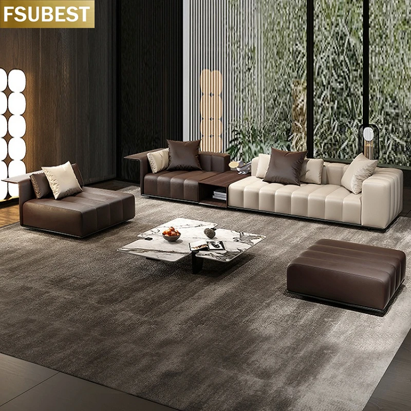 FSUBEST Freeman Minimalist Villa Corner Leather Sofa Divano Divani Kanepe Sofy Muebles De Salon De Maison Furniture Living Room