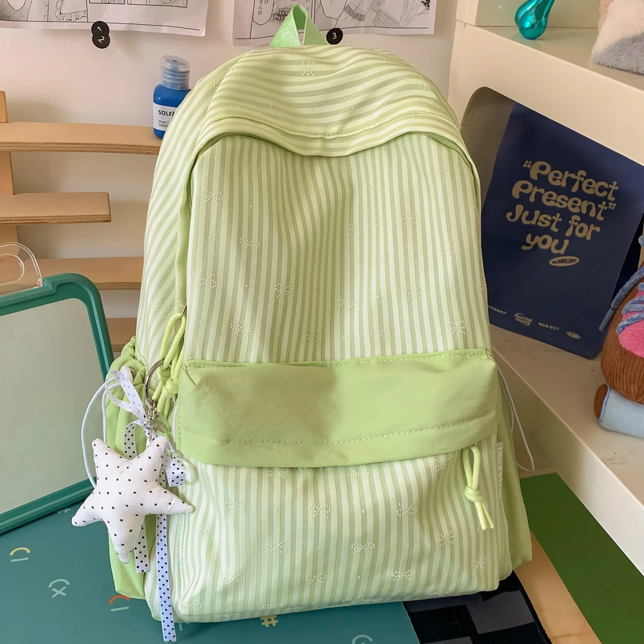 

Kawaii Striped Backpack Cute Star Pendant School Bag Soft Nylon Large Capacity Student Backpack Casual Daily Travel Backpack