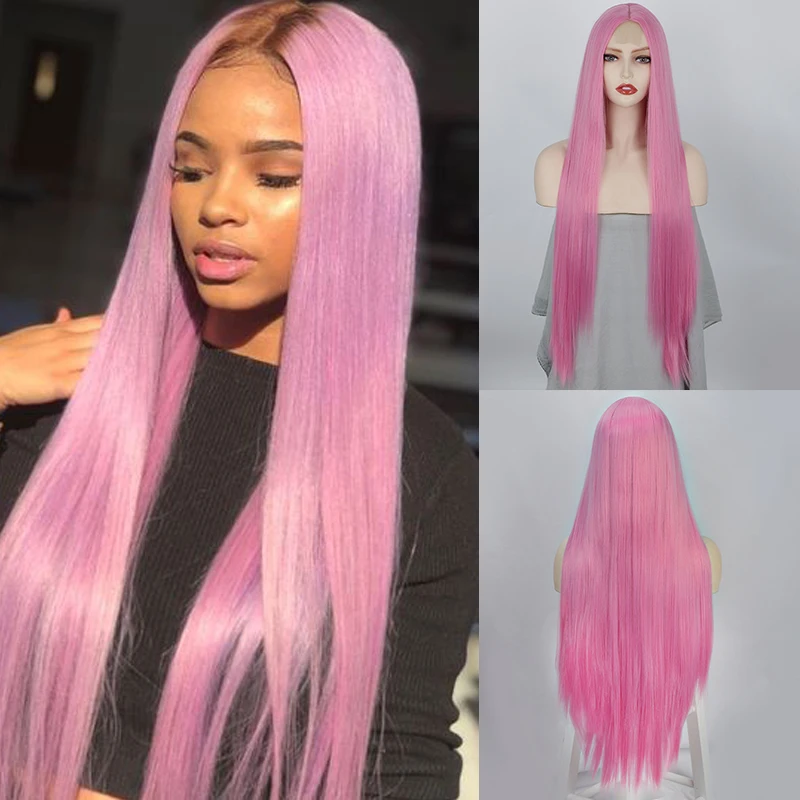 Long Straight Wig 32 Inch Pink Middle Part Wigs for Women Synthetic Natural Straight Wig Daily Use Cosplay Heat Resistant Hair