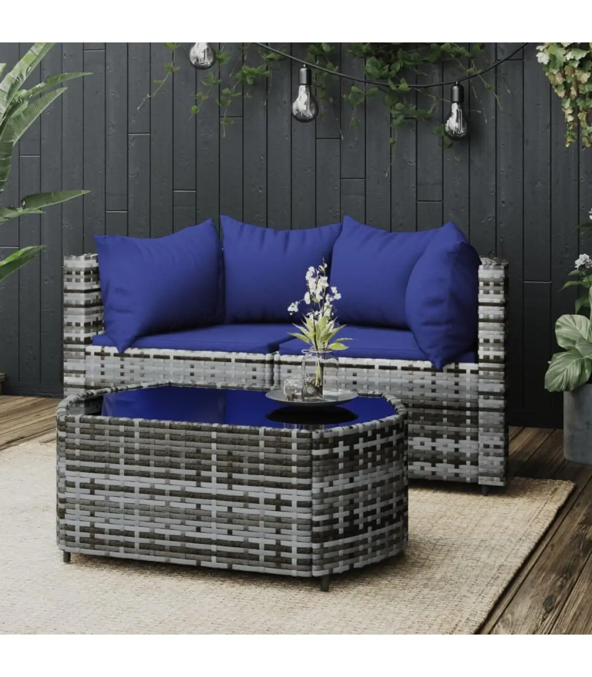 Outdoor sofas 3 PCs garden furniture Set and gray synthetic rattan cushions