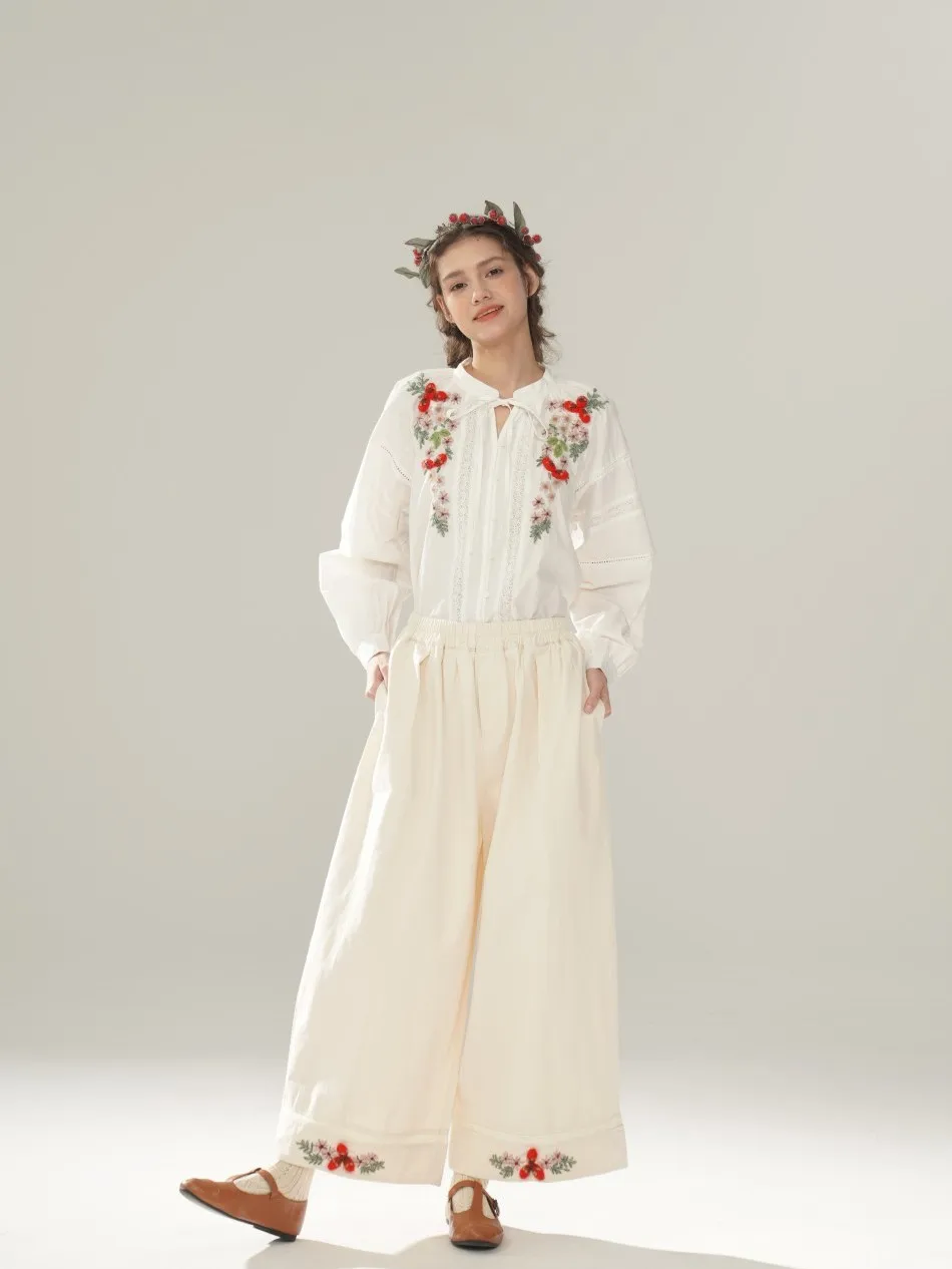 

Hand Embroidered Red Fruit Wide Leg Cotton Pants Women's Loose Slimming Faionable Carrot ape White Forest Lady Trousers