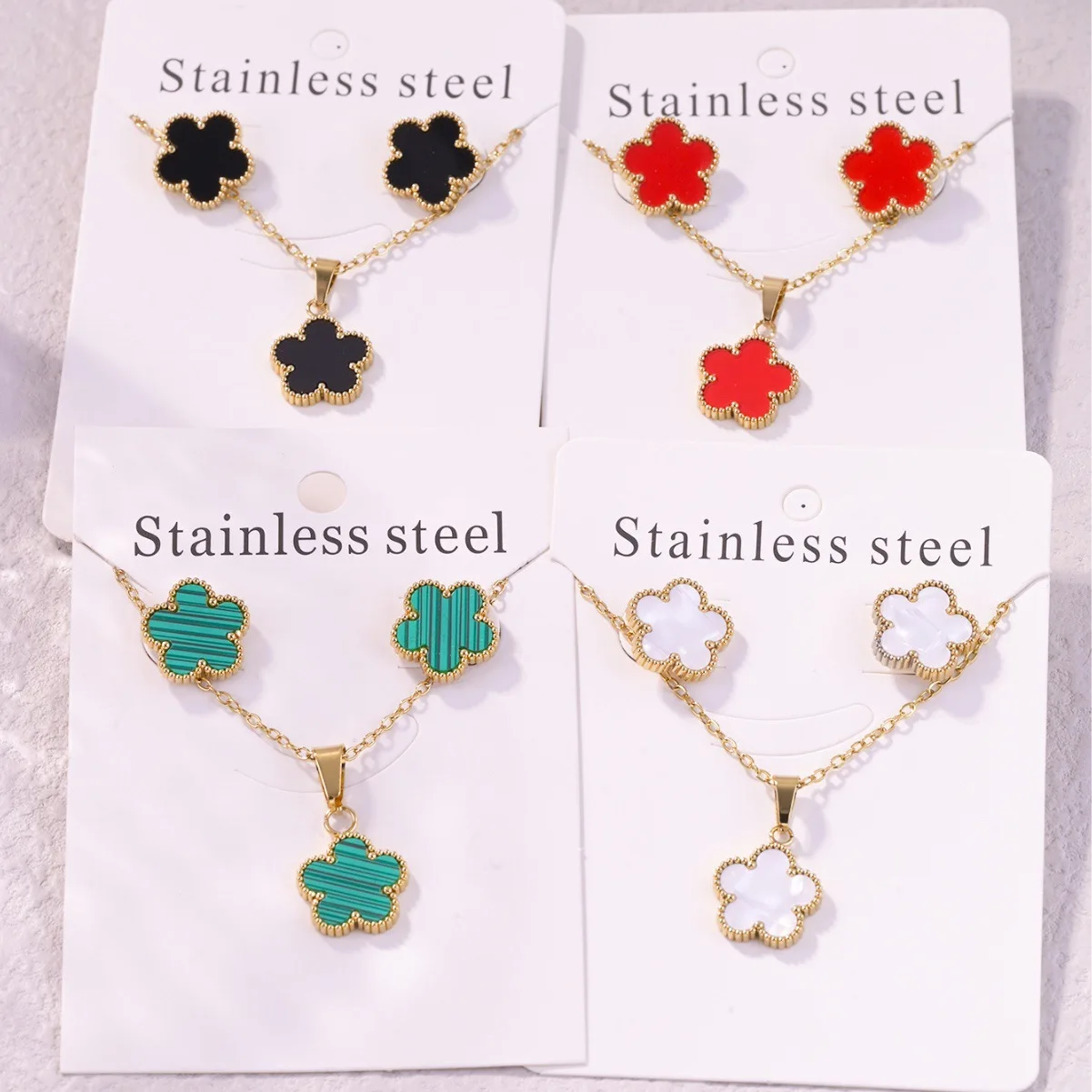 ESALE Luxury 5 Leaf Flower Pendant Necklace Earrings for Women Gift Gold Plated Fashion Stainless Steel Clover Jewelry Set