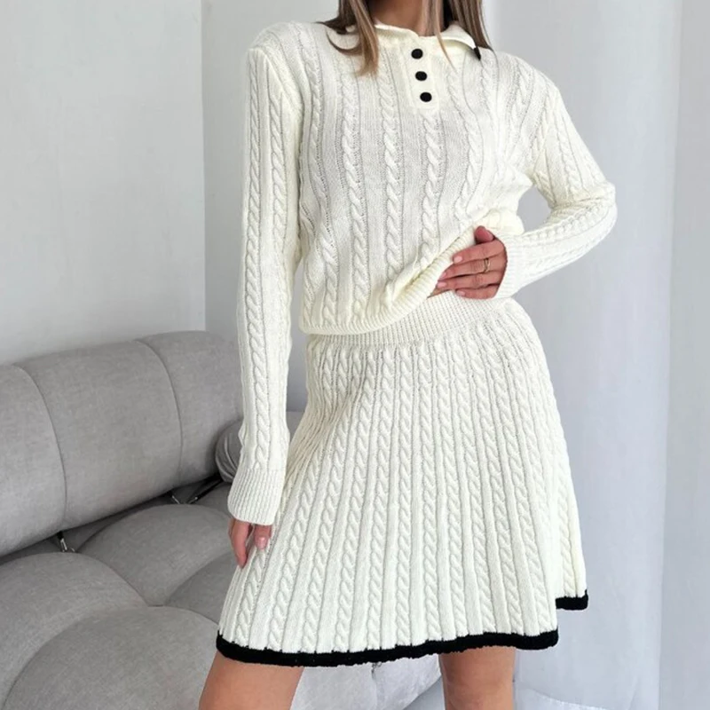 Elegant Twisted Knitted Solid Skirt Set Fashion Laple Button Pullover Top & Mini Skirt Suit Women Casual Long Sleeve 2Pc Outfits