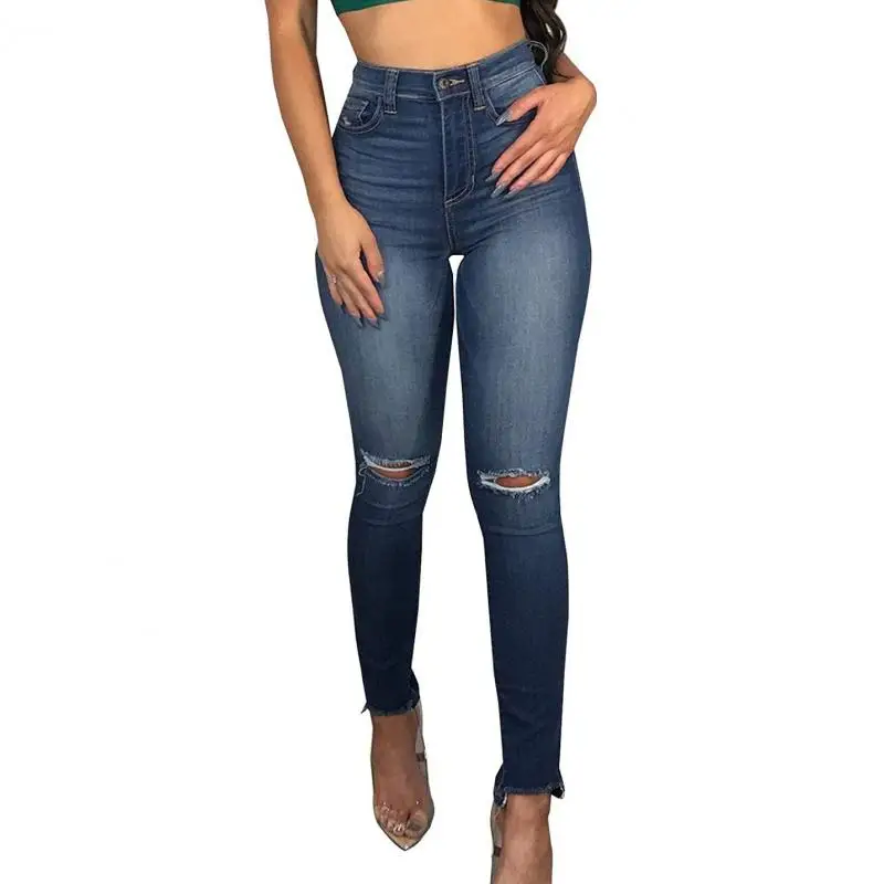 

Women's Clothing Perforated Elastic Jeans From Europe America Leisure Jeans Korean Slim Fit Trendy Versatile Jeans for Women