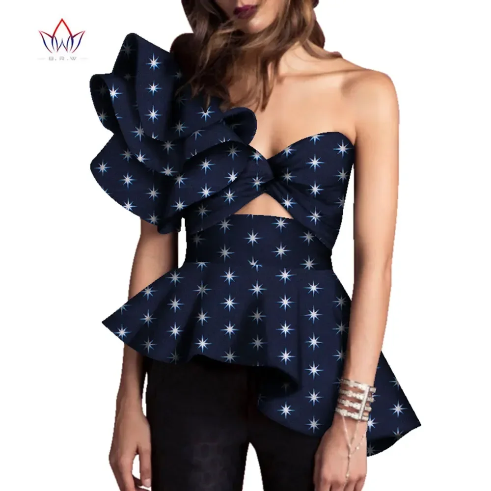 

African Print Tops Shirt for Women Africa Print One Shoulder Ruffles Blouse Bazin Riche Tops Women African Clothes WY3329