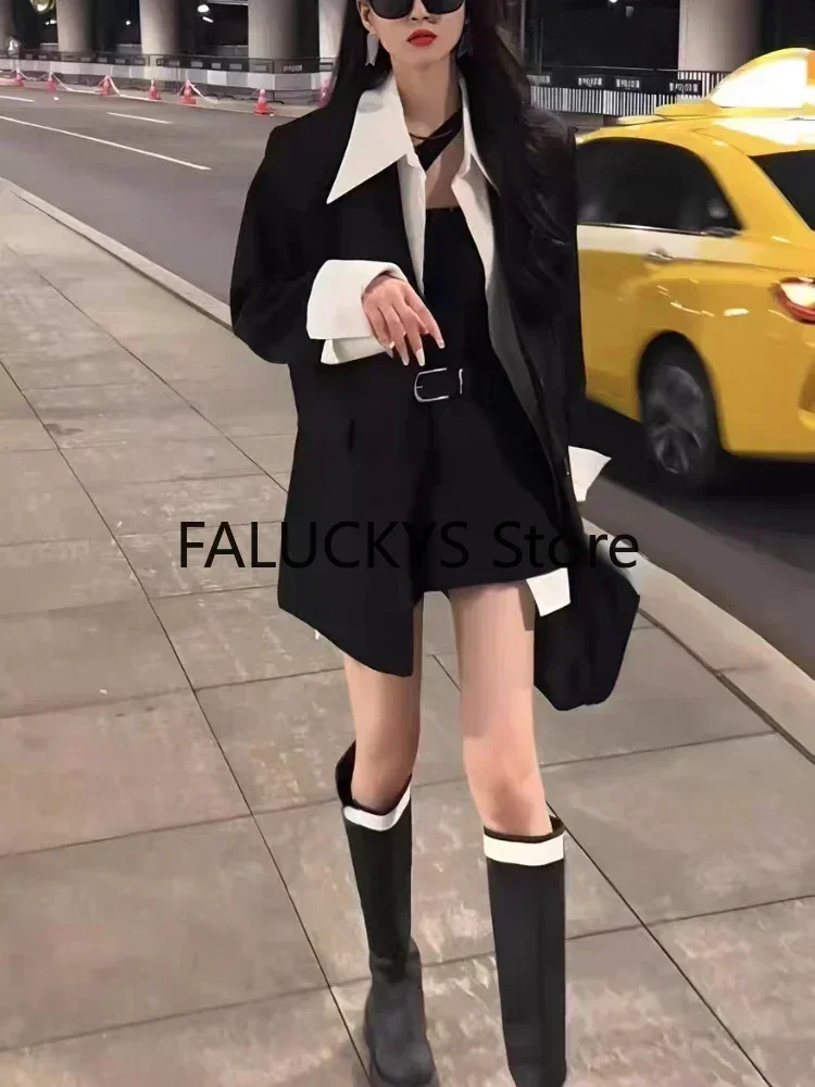 Summer 2024 New Fake Two Piece Suit Jacket Top Half Skirt Shorts Wide Leg Short Pants Two Piece Set Y2k Black Blazers Shirts