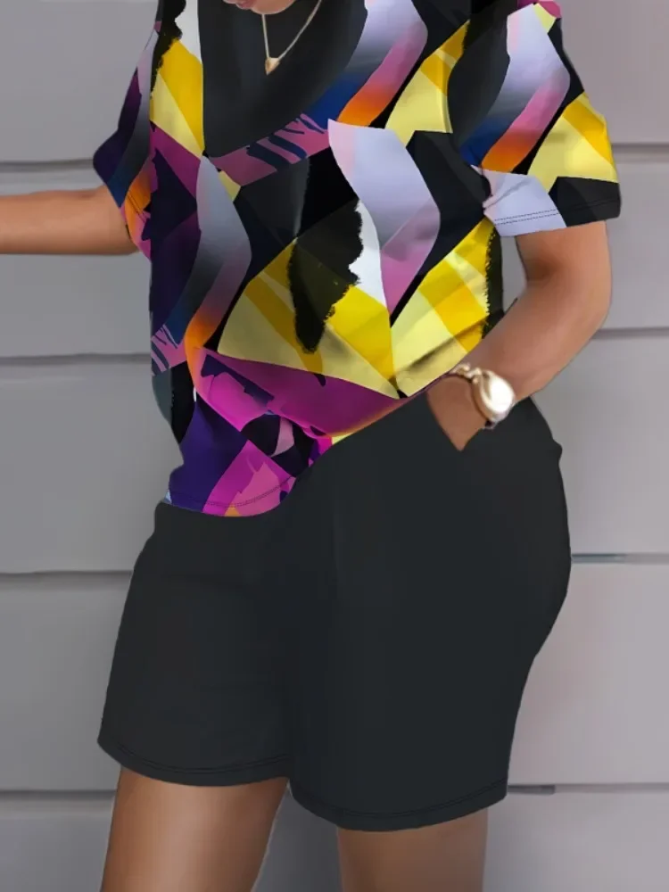 Plus Size 1XL-5XL Women Casual Loose Short Sleeve Tshirt Shorts Set Fashion O-neck Colorful Print Two Piece Set Women Outfit