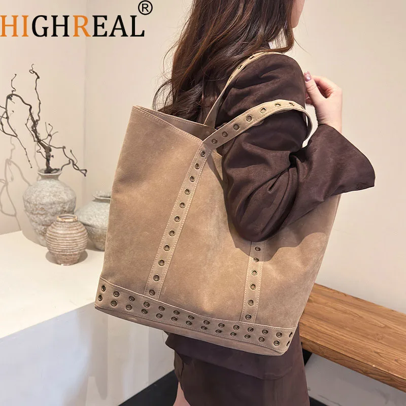 

Вместительная сумка-тоут с заклепками, ретро-стиль, из искусственной замши, женские сумки и клатчи, шоппер с заклепками, женские сумки-ведра