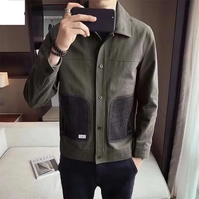 

Jacket Men Korean Patchwork Long Sleeves Tops Autumn New Single-Breasted Casual Coat Turndown Collar Pocket Male Outerwear